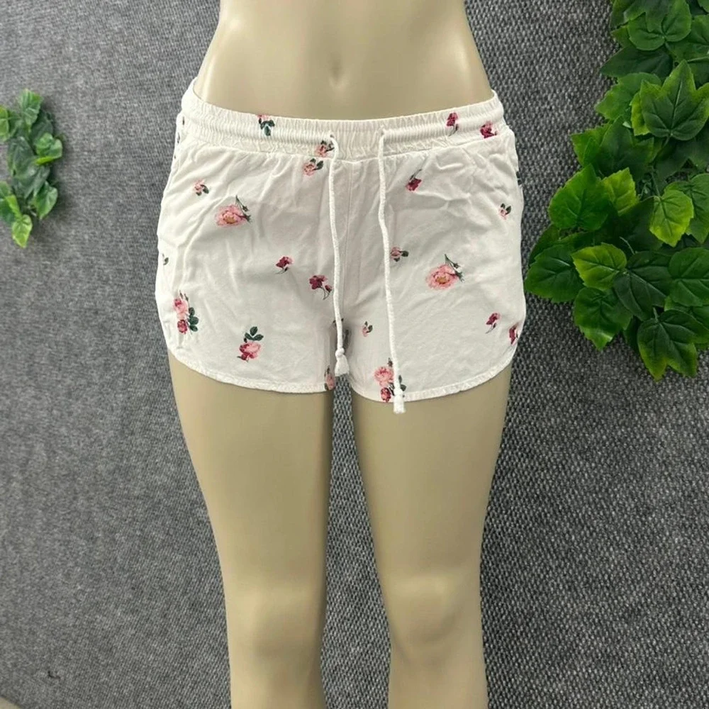 Floral Lounge Sleep Shorts White Rose Print Women's